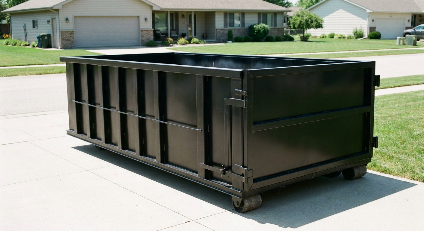 Matte-black 10-yard roll-off dumpster on a residential concrete driveway in Santa Cruz, uniformly painted matte black across every panel and rail, ribbed steel sidewalls and rear swing door visible, mid-day daylight.
