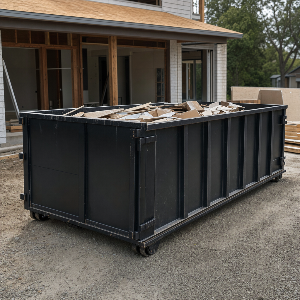 Large matte-black 30-yard construction roll-off dumpster at an active Santa Cruz jobsite, steel-gray top rails and bottom rollers visible, loaded with construction debris.