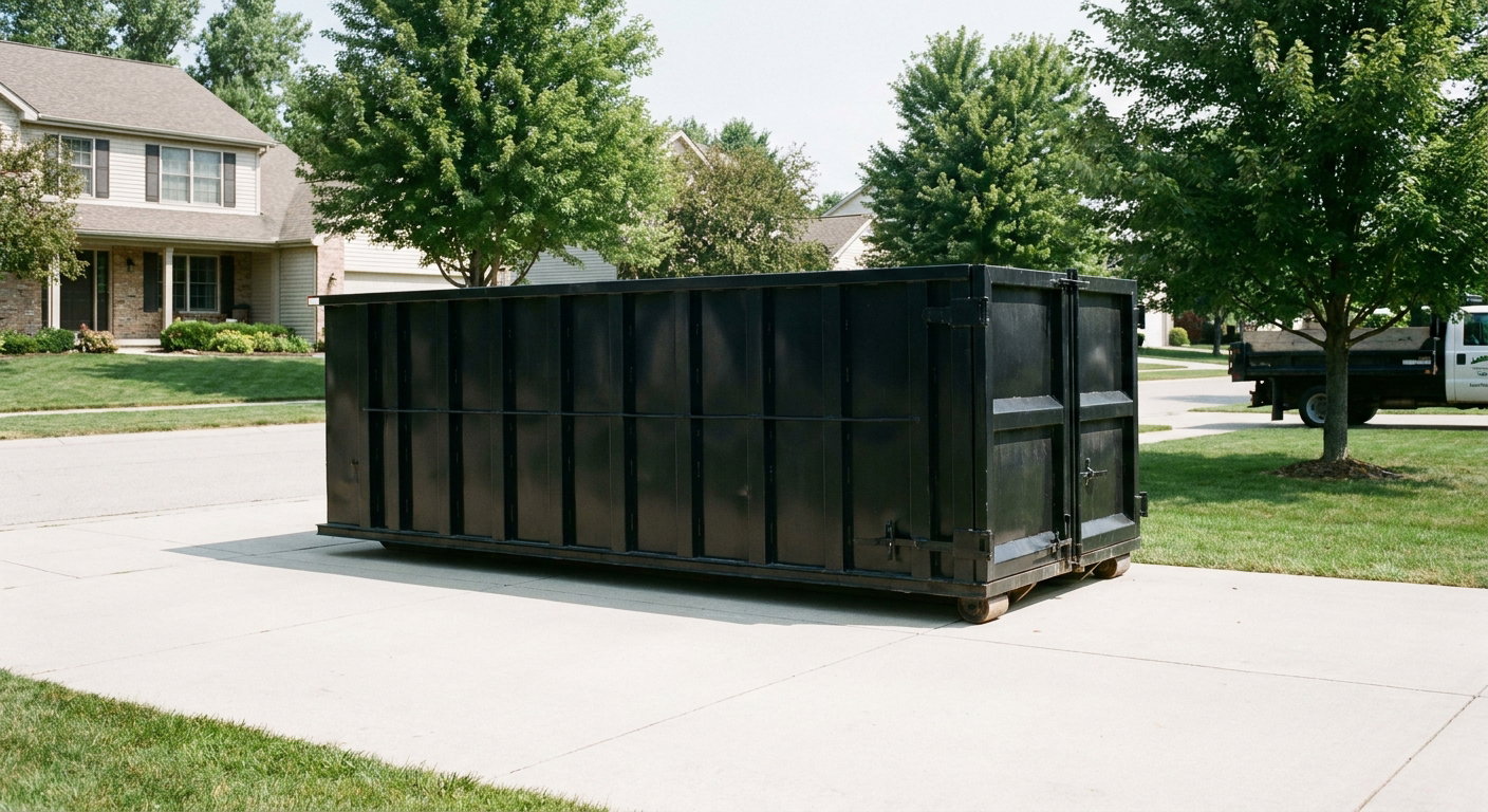 Matte-black 20-yard roll-off dumpster sitting level on a clean Santa Cruz residential concrete driveway under bright daylight, demonstrating clean placement directly on the concrete.