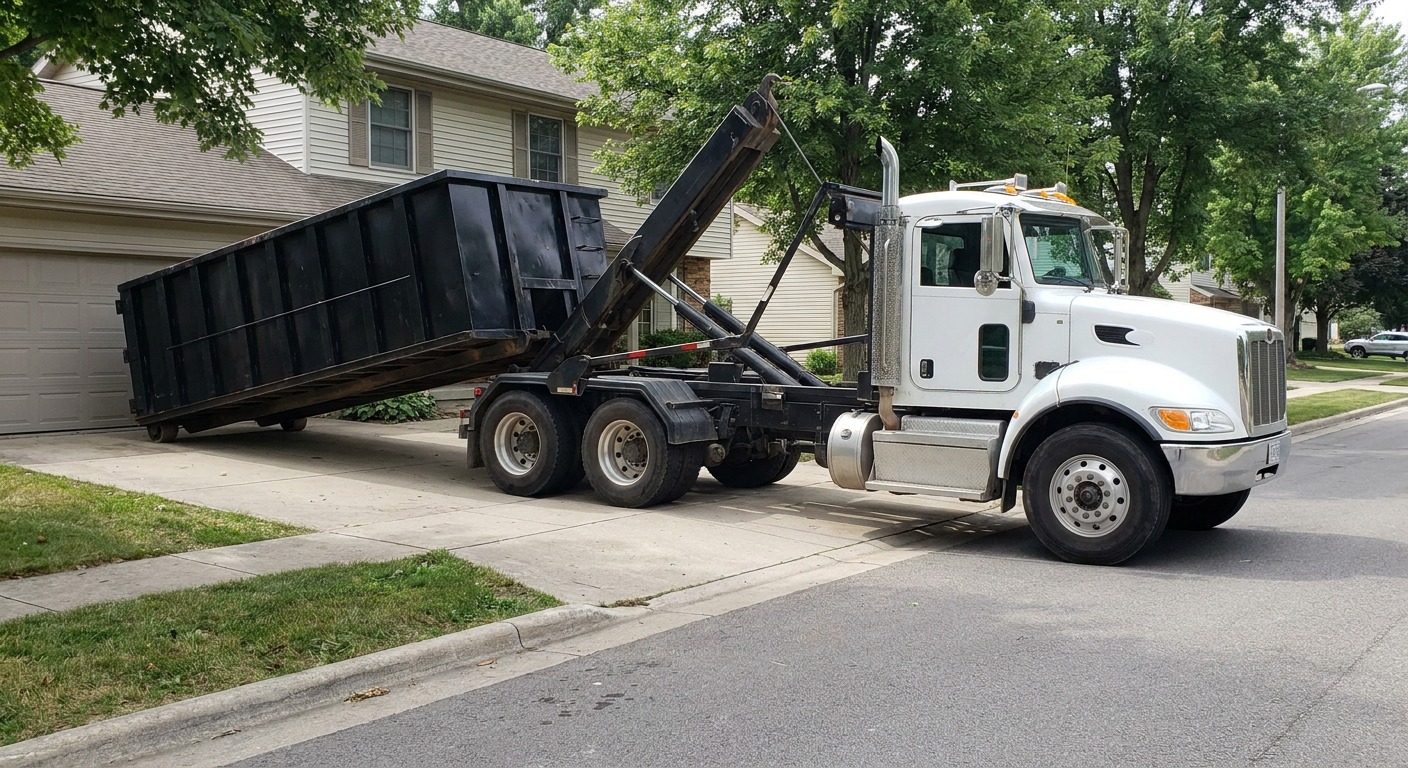 White-cab hooklift roll-off truck actively lowering a matte-black dumpster onto a Santa Cruz residential concrete driveway, the dumpster's rear wheels touching the driveway as the hoist arm tilts the bed forward, mid-morning daylight.