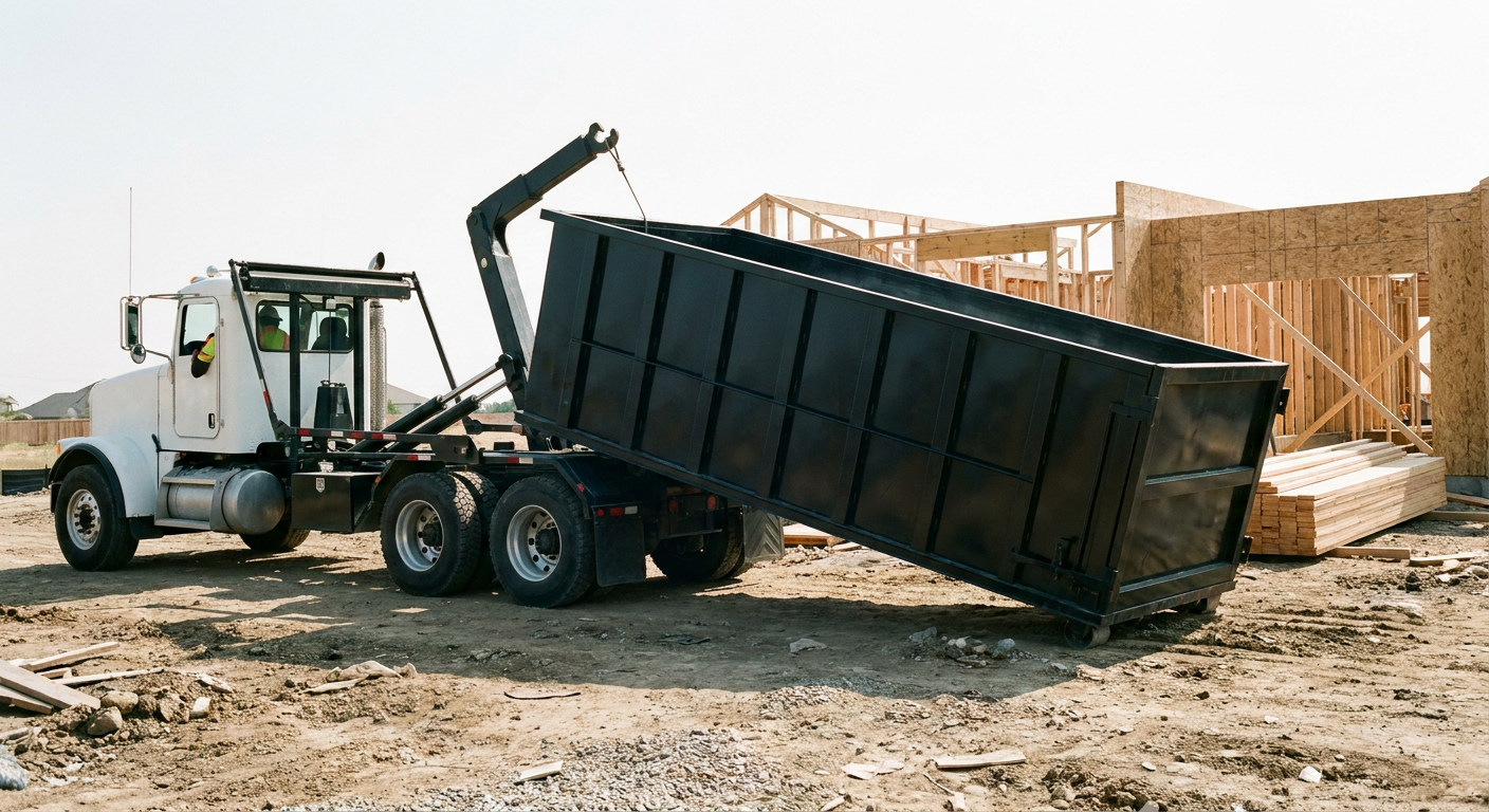 Matte-black roll-off dumpster being delivered onto a clean residential concrete driveway in Santa Cruz by an unmarked white hooklift hauler truck, bright morning daylight, documentary 35mm perspective.